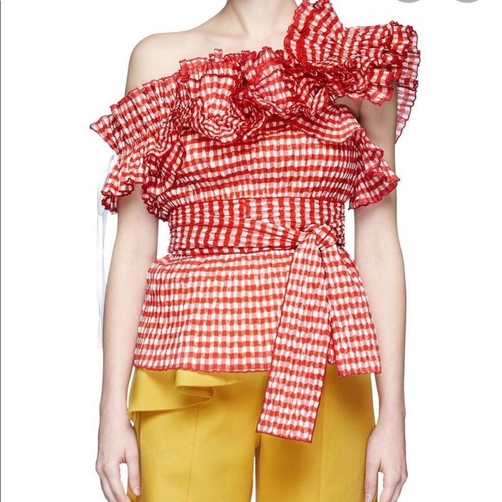 Rosie Assoulin “Iris” Gingham Red Top